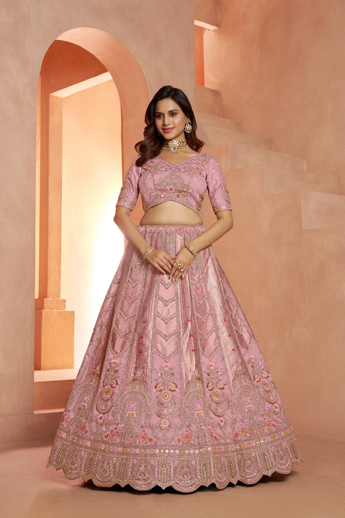 Pink Banarasi Zari And Shimmering Sequins Embroidery Bridal Lehenga for Sangeet