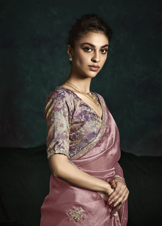 Pastel Pink Sequins Embroidered Festive Rangat Saree