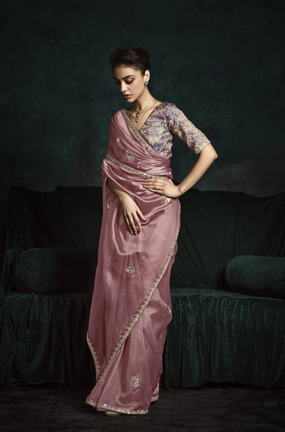 Pastel Pink Sequins Embroidered Festive Rangat Saree
