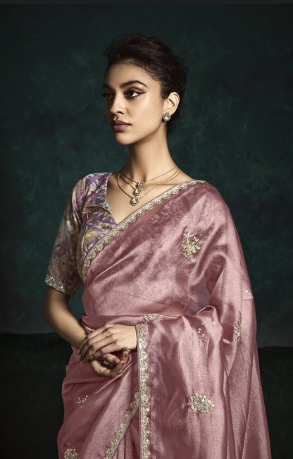 Pastel Pink Sequins Embroidered Festive Rangat Saree