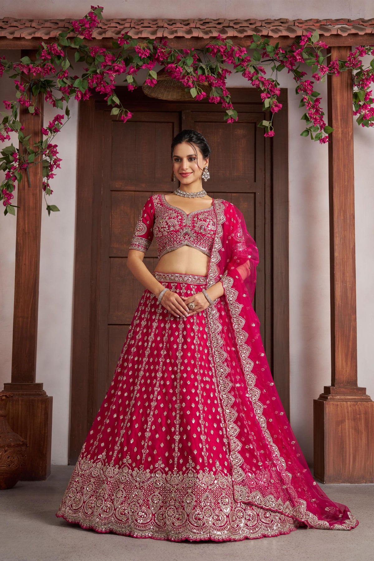 Rani Pink Net Silver Zari & Sequins Embroidered Bridal Lehenga
