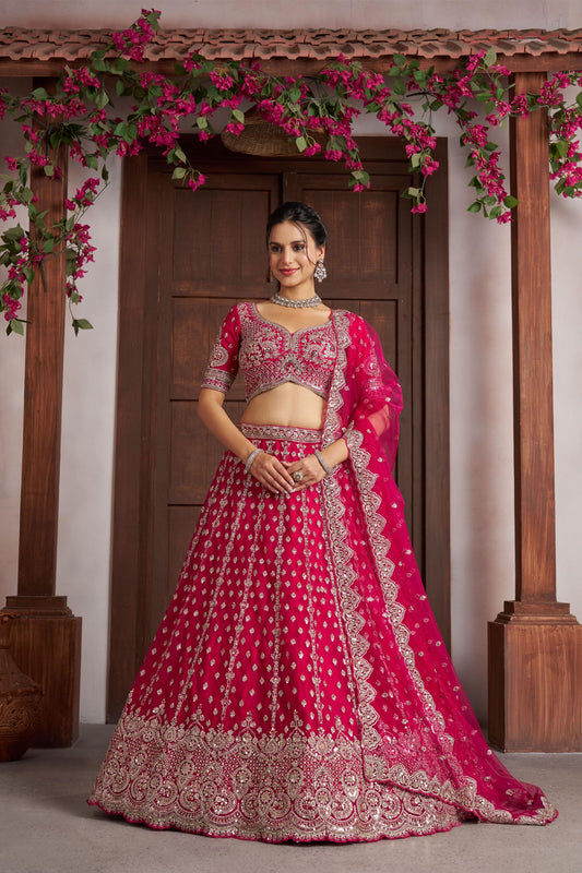 Rani Pink Net Silver Zari & Sequins Embroidered Bridal Lehenga