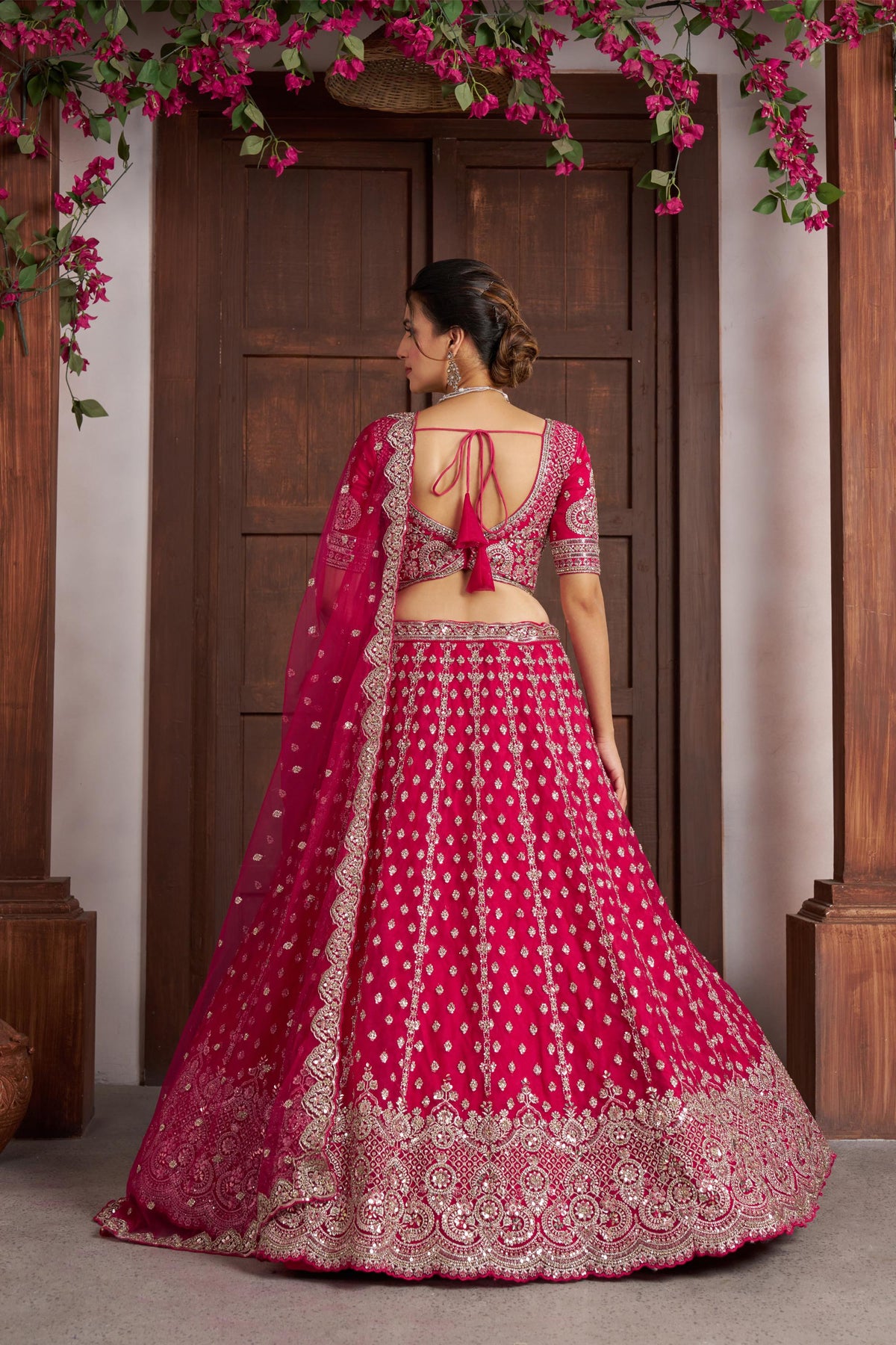 Rani Pink Net Silver Zari & Sequins Embroidered Bridal Lehenga
