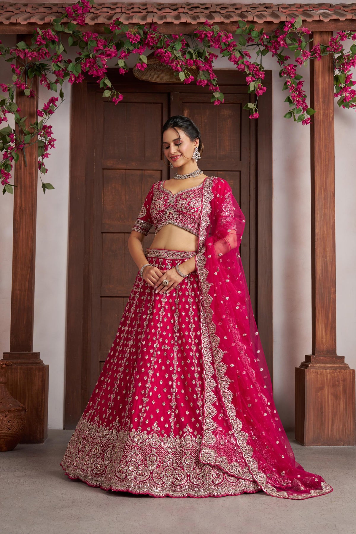 Rani Pink Net Silver Zari & Sequins Embroidered Bridal Lehenga