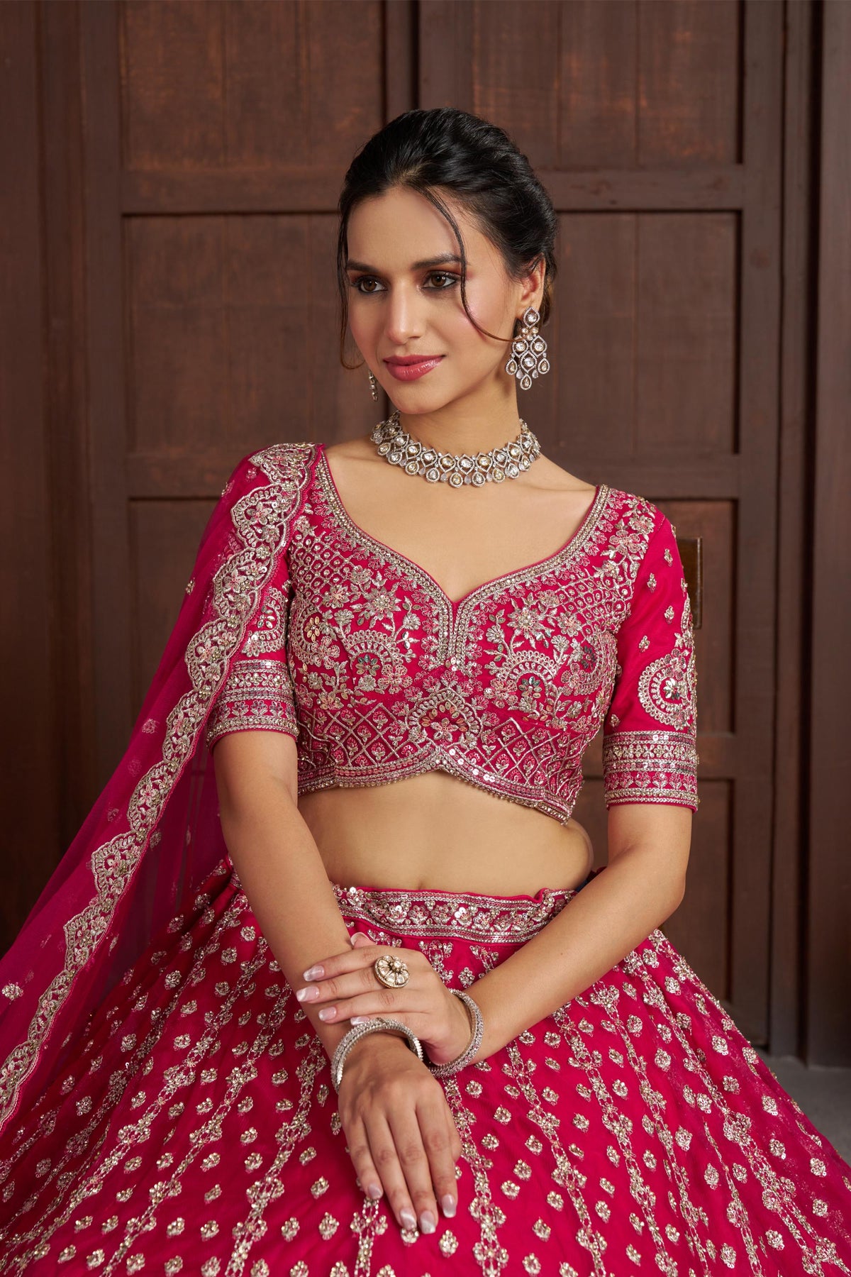 Rani Pink Net Silver Zari & Sequins Embroidered Bridal Lehenga