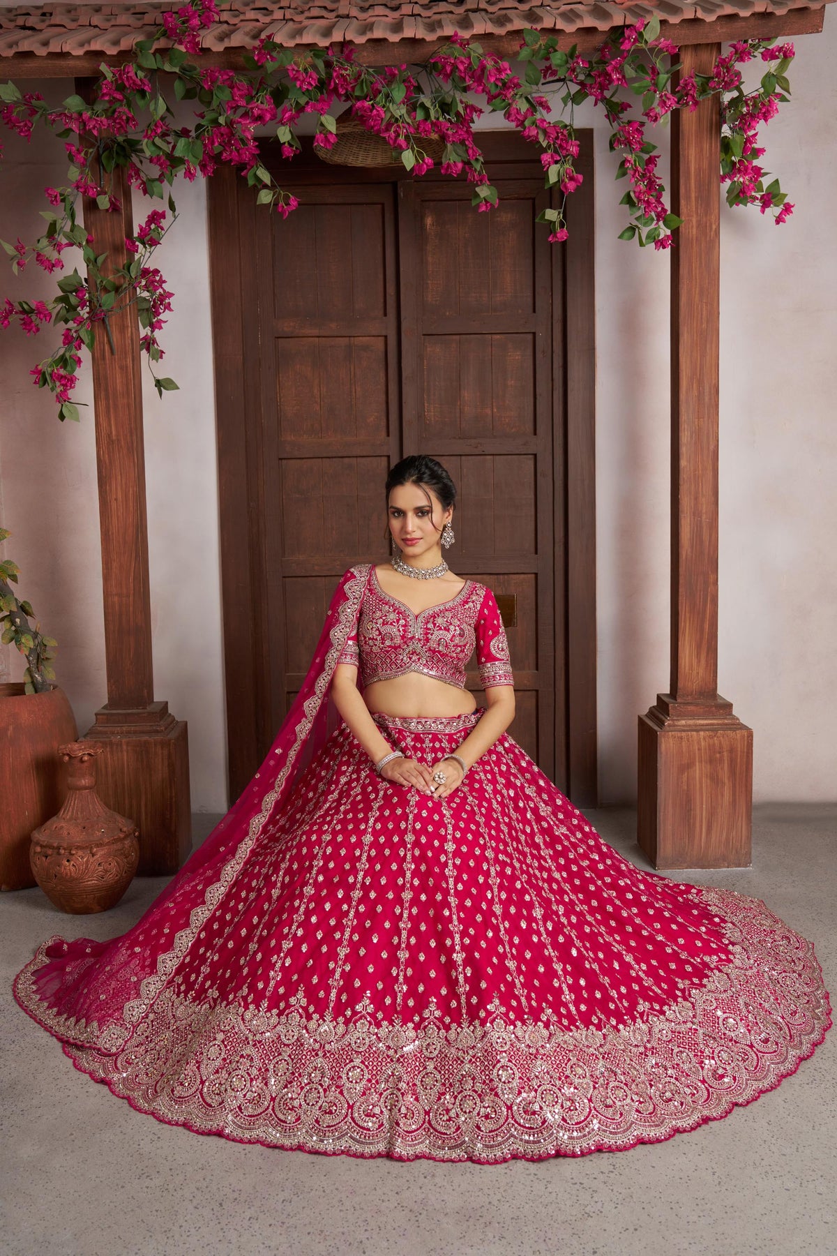Rani Pink Net Silver Zari & Sequins Embroidered Bridal Lehenga