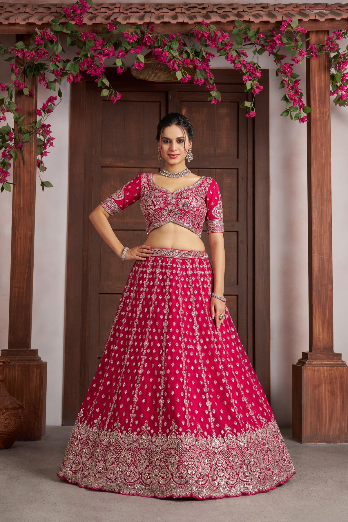 Rani Pink Net Silver Zari & Sequins Embroidered Bridal Lehenga