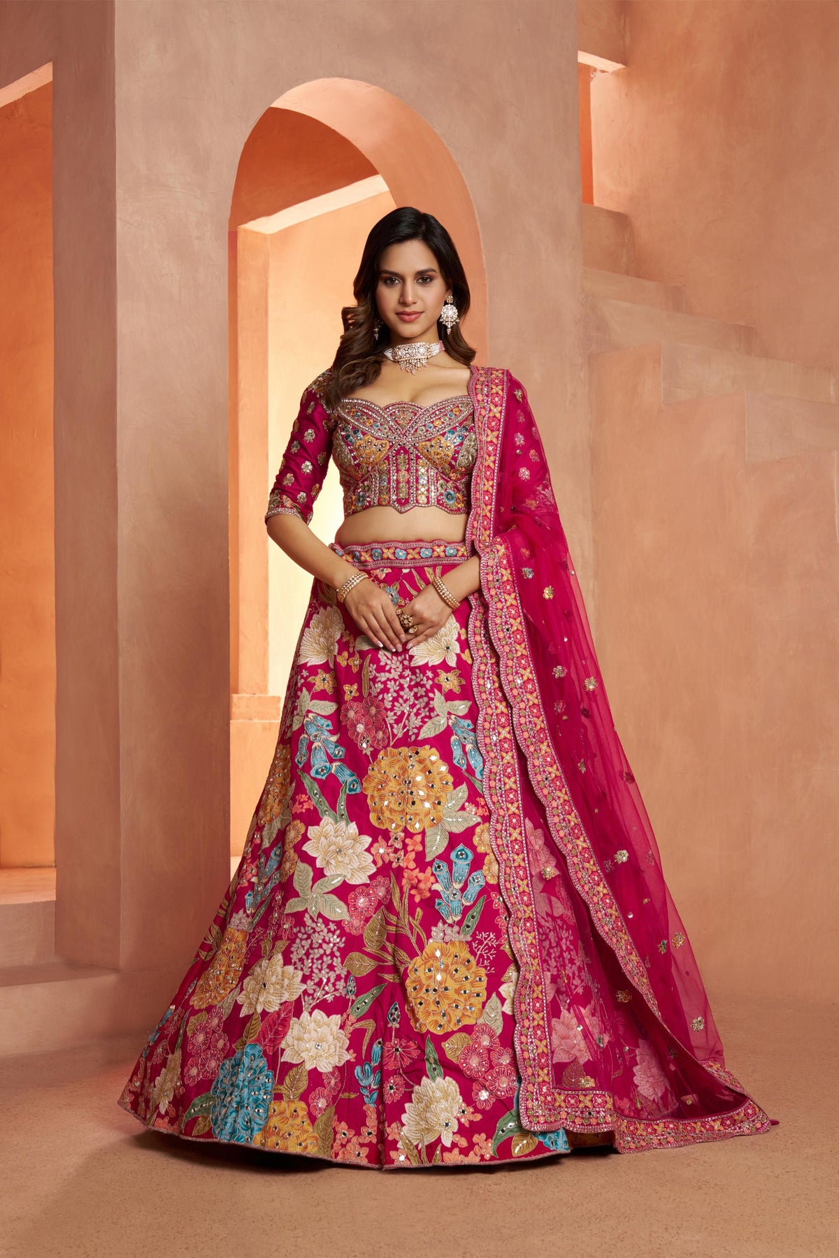 Rani Pink Dola Silk Mirror Work & Floral Motifs Bridal Lehenga