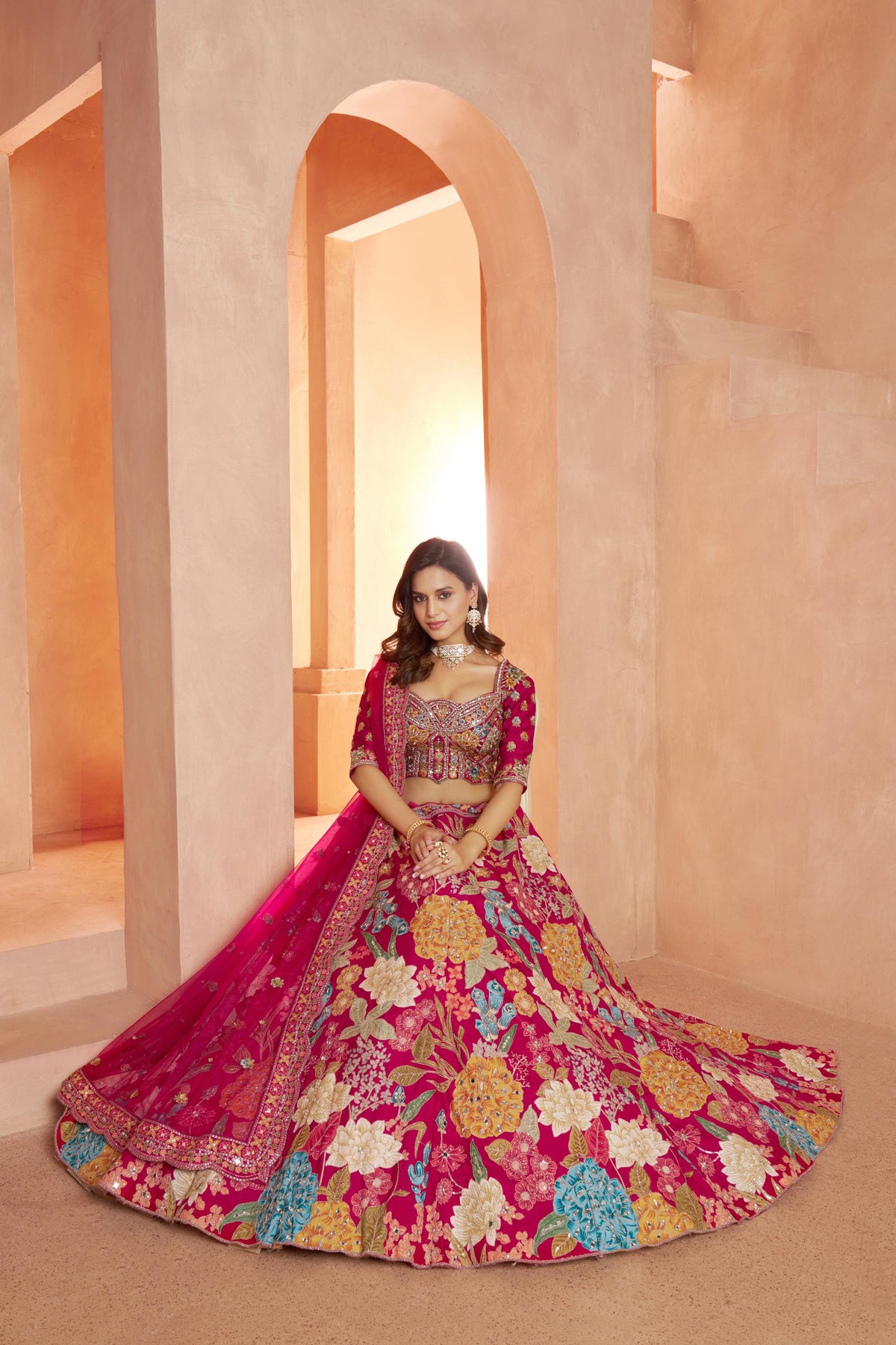 Rani Pink Dola Silk Mirror Work & Floral Motifs Bridal Lehenga