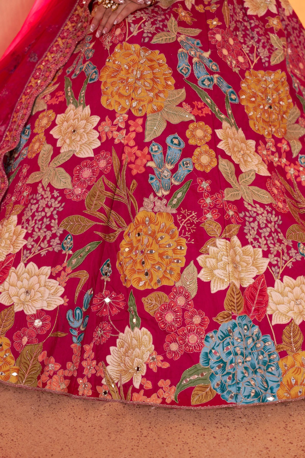 Rani Pink Dola Silk Mirror Work & Floral Motifs Bridal Lehenga