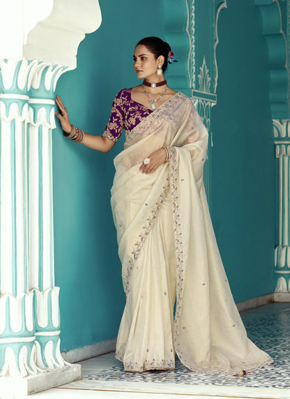 Off white Glass tissue Organza & Crush Moti Embroidered Festive Amber Saree