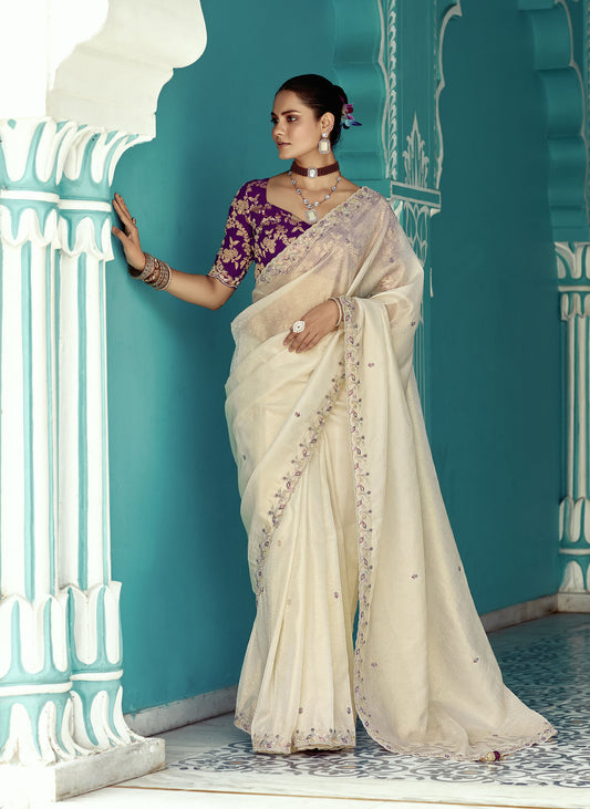 Off white Glass tissue Organza & Crush Moti Embroidered Festive Amber Saree