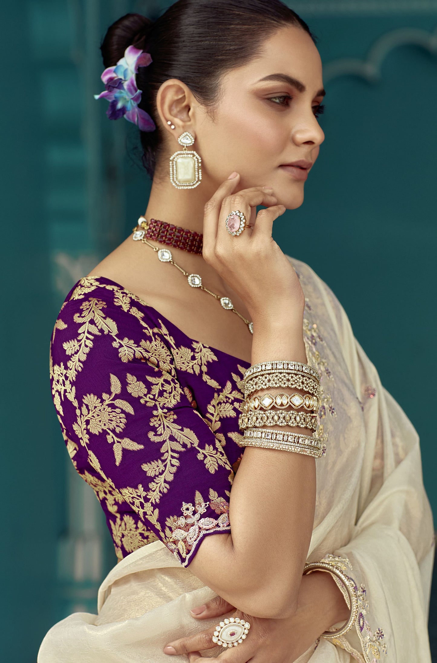 Off white Glass tissue Organza & Crush Moti Embroidered Festive Amber Saree