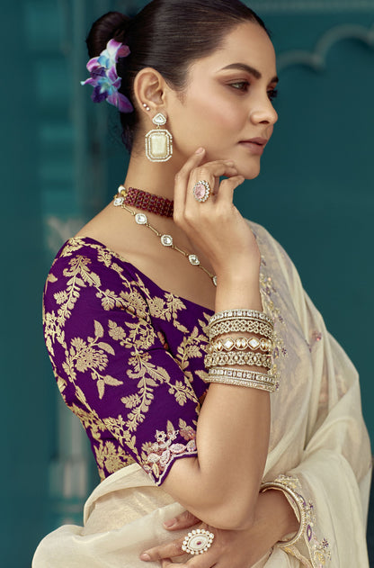 Off white Glass tissue Organza & Crush Moti Embroidered Festive Amber Saree