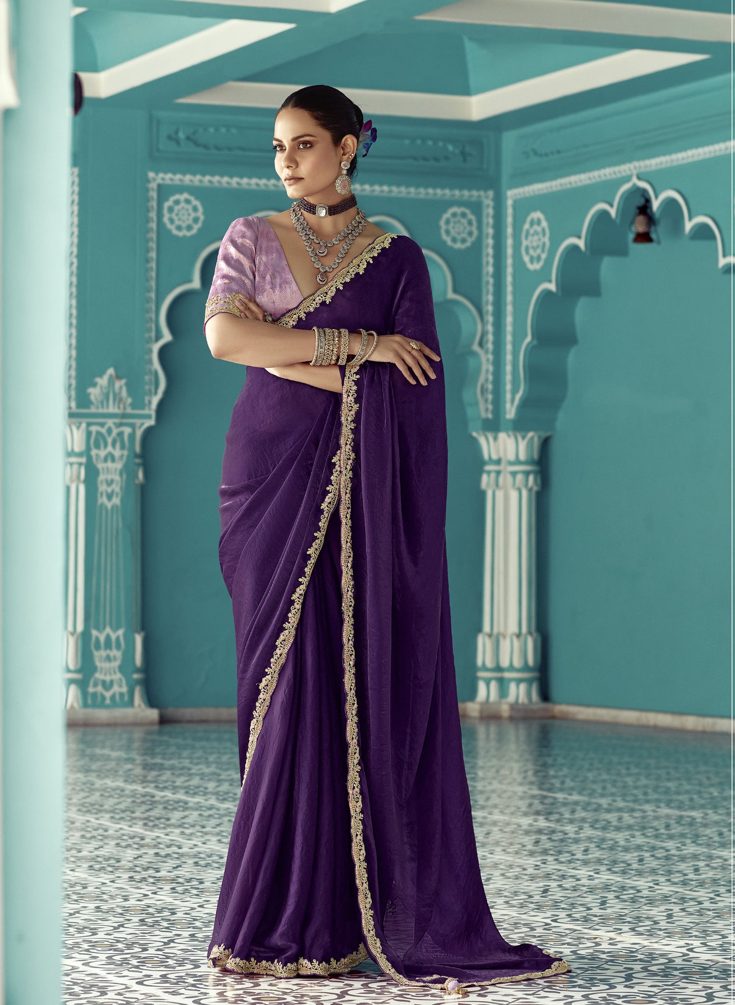 Violet Glass tissue Organza & Crush Moti Embroidered Festive Amber Saree