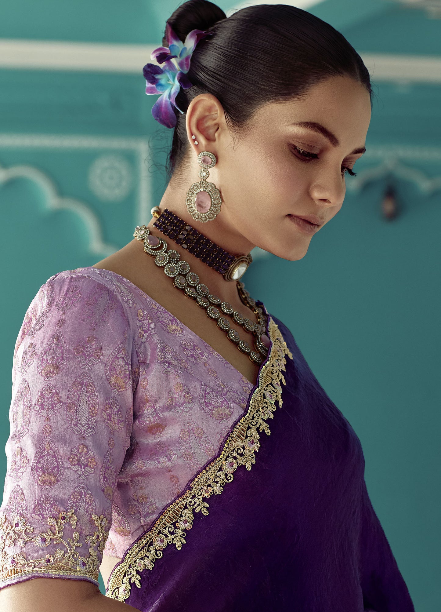 Black Glass tissue Organza & Crush Moti Embroidered Festive Amber Saree