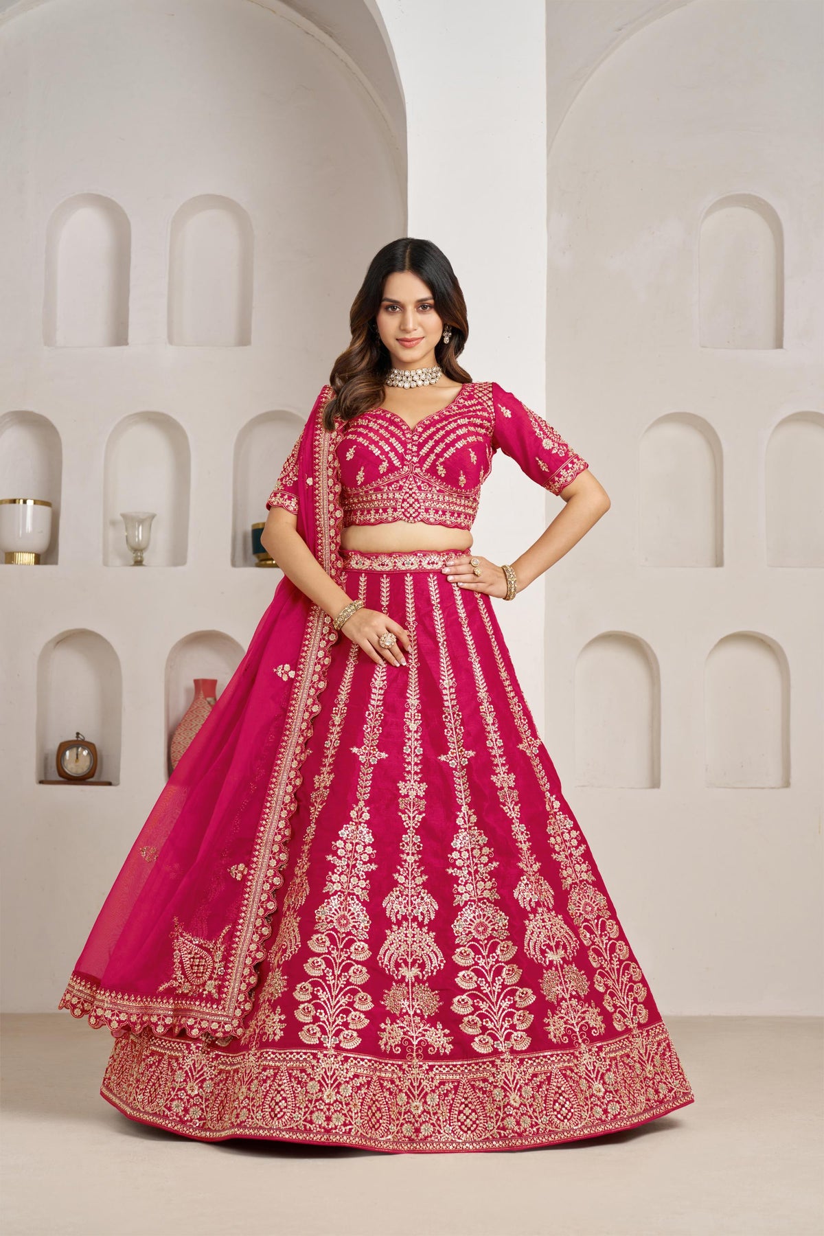 Rani Pink Silk Zari & Sequins Embroidered Bridal Lehenga for Wedding