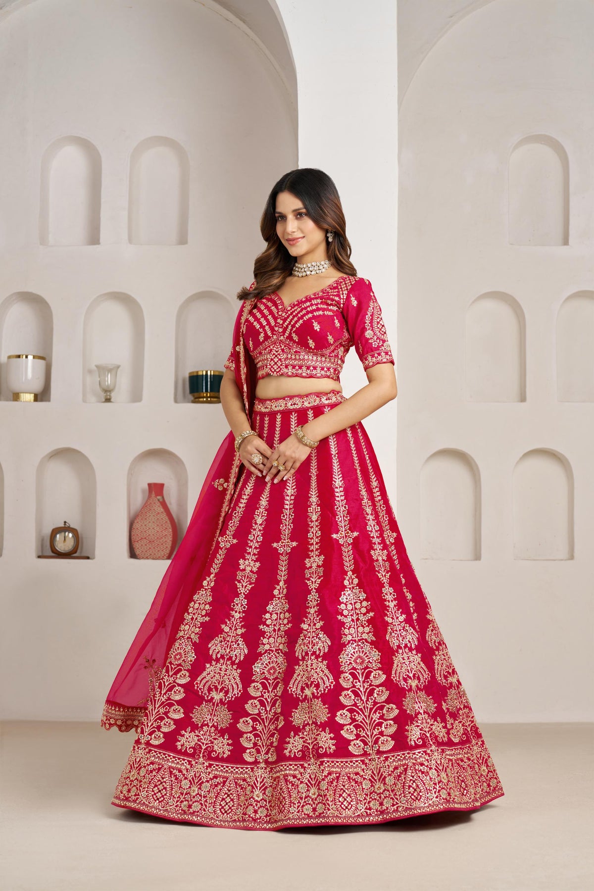 Rani Pink Silk Zari & Sequins Embroidered Bridal Lehenga for Wedding