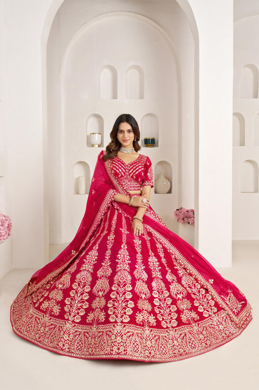 Rani Pink Silk Zari & Sequins Embroidered Bridal Lehenga for Wedding