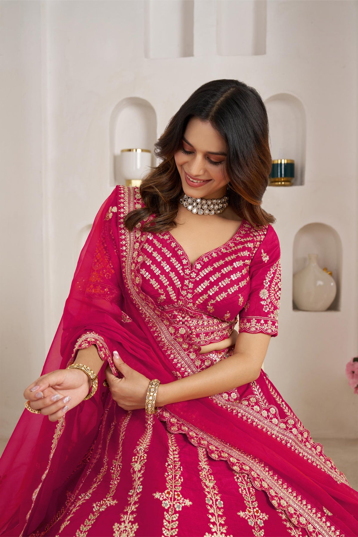 Rani Pink Silk Zari & Sequins Embroidered Bridal Lehenga for Wedding