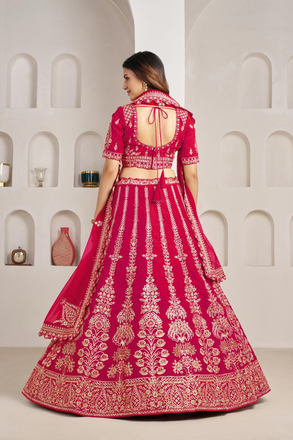 Rani Pink Silk Zari & Sequins Embroidered Bridal Lehenga for Wedding
