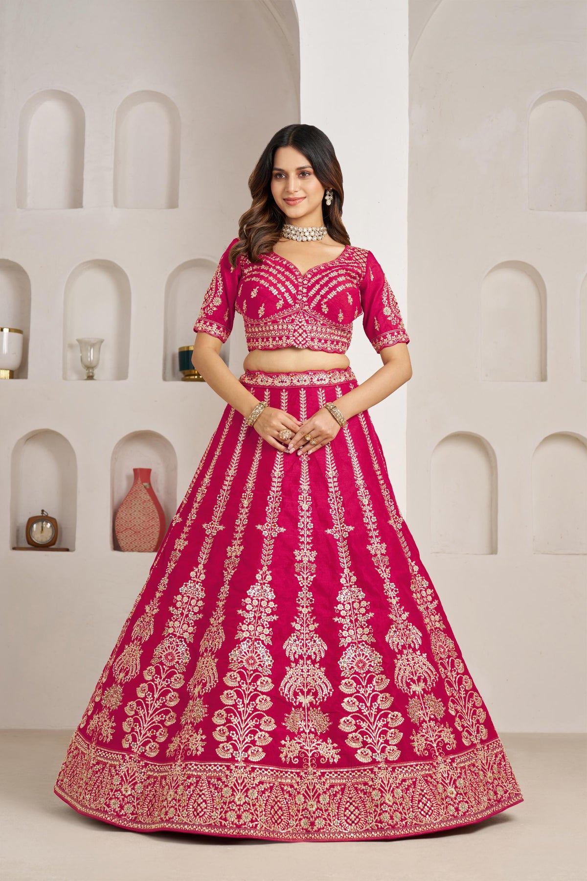 Rani Pink Silk Zari & Sequins Embroidered Bridal Lehenga for Wedding