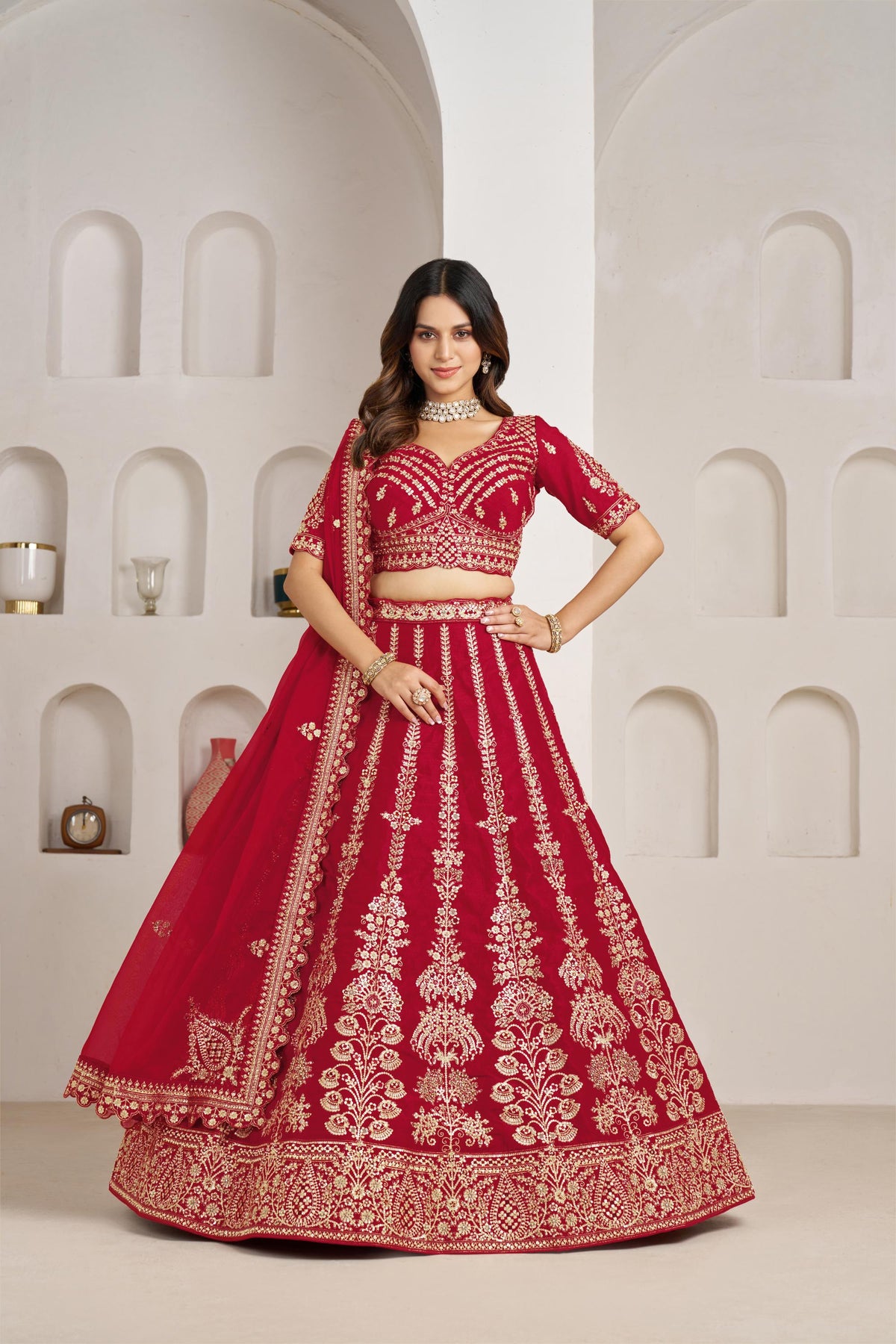 Red Silk Zari & Sequins Embroidered Bridal Lehenga for Wedding