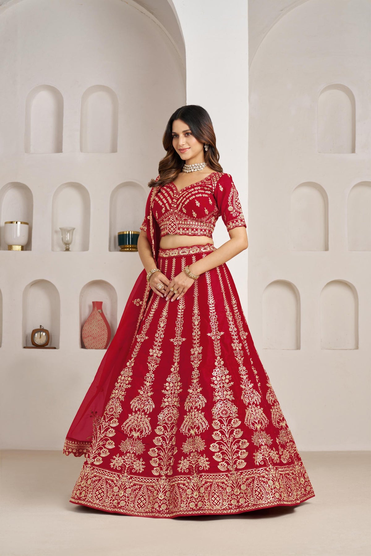 Red Silk Zari & Sequins Embroidered Bridal Lehenga for Wedding