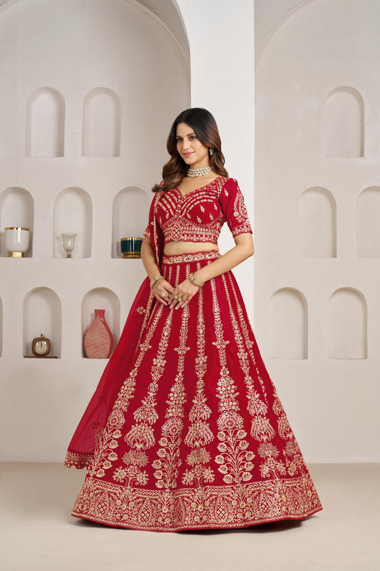 Red Silk Zari & Sequins Embroidered Bridal Lehenga for Wedding