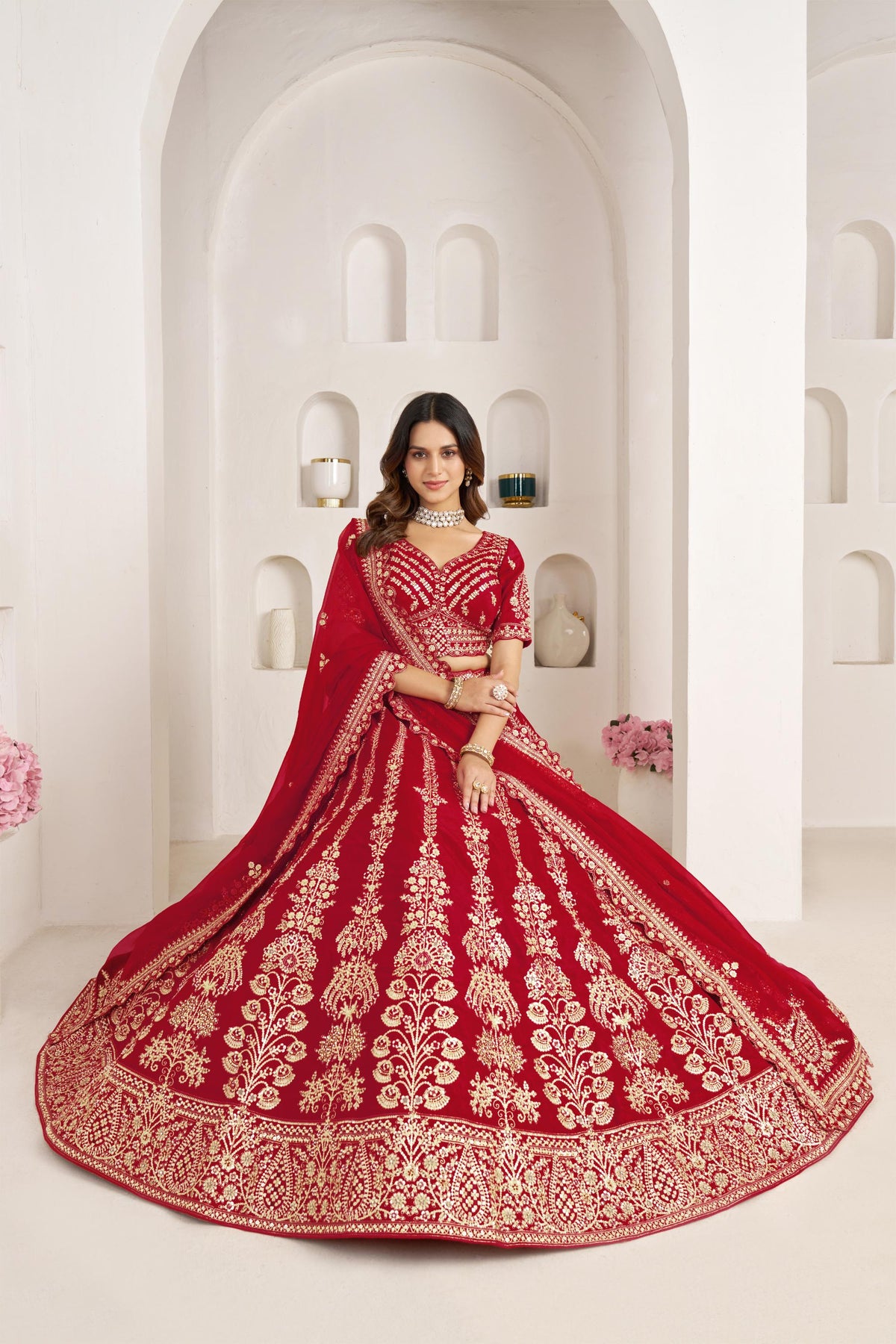 Red Silk Zari & Sequins Embroidered Bridal Lehenga for Wedding