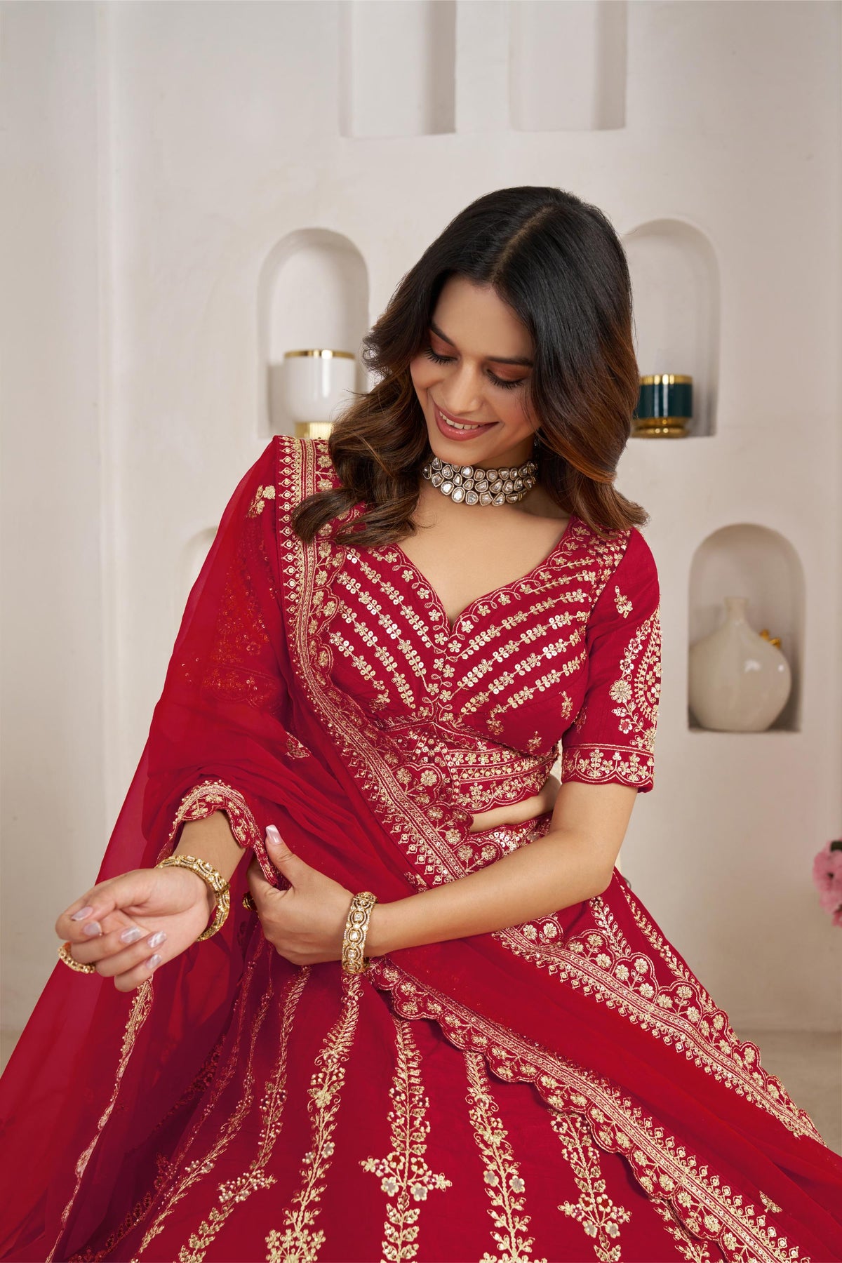 Red Silk Zari & Sequins Embroidered Bridal Lehenga for Wedding