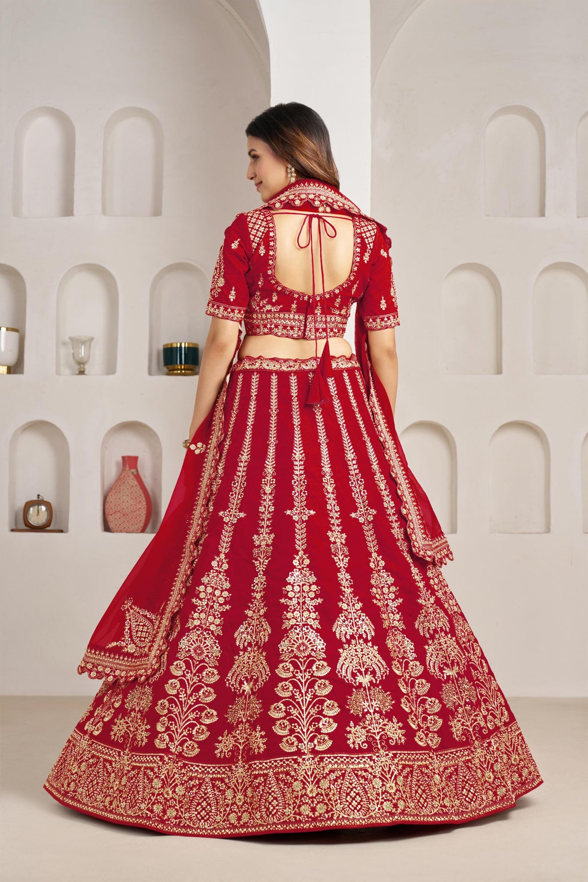 Red Silk Zari & Sequins Embroidered Bridal Lehenga for Wedding