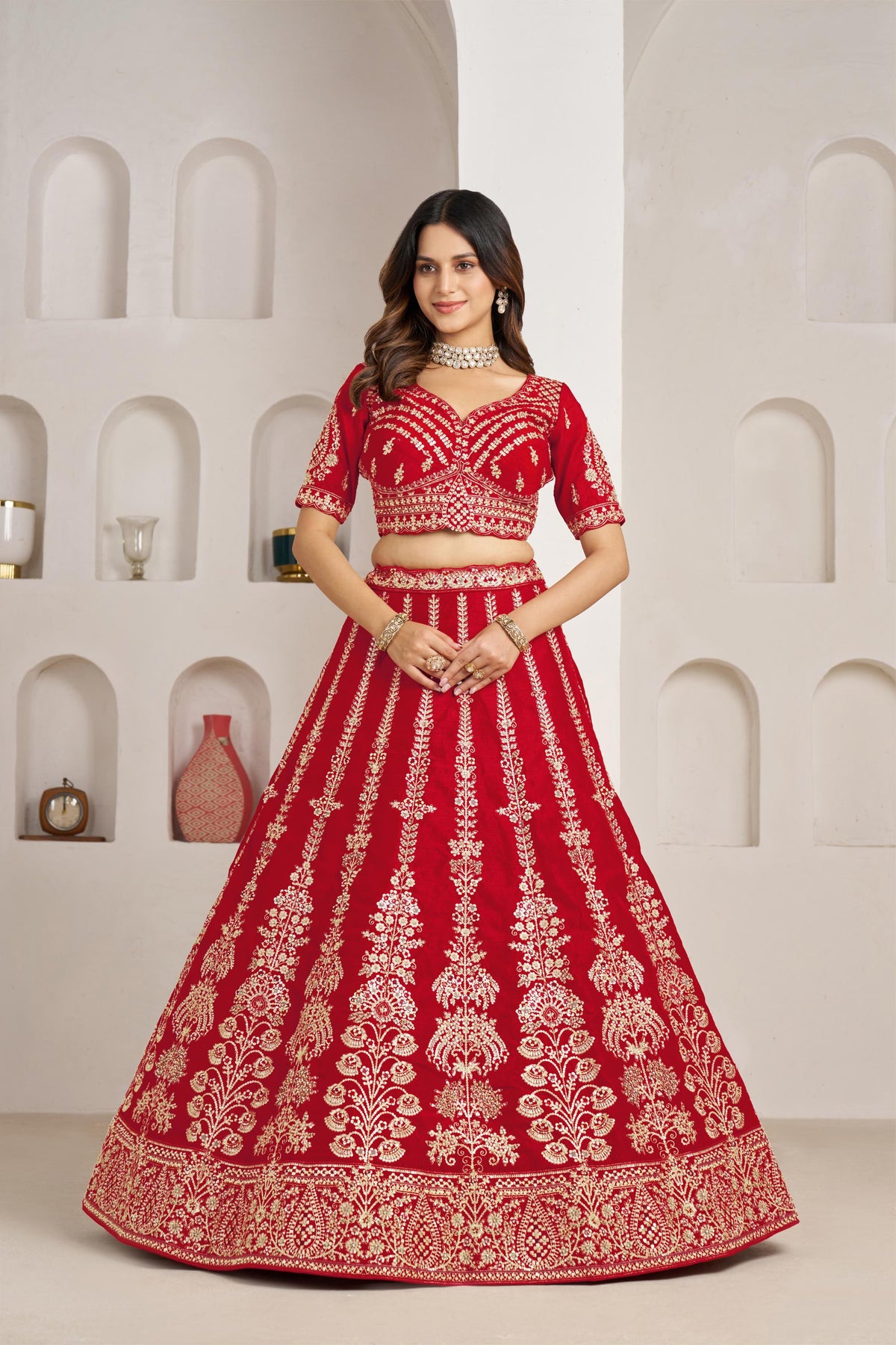 Red Silk Zari & Sequins Embroidered Bridal Lehenga for Wedding