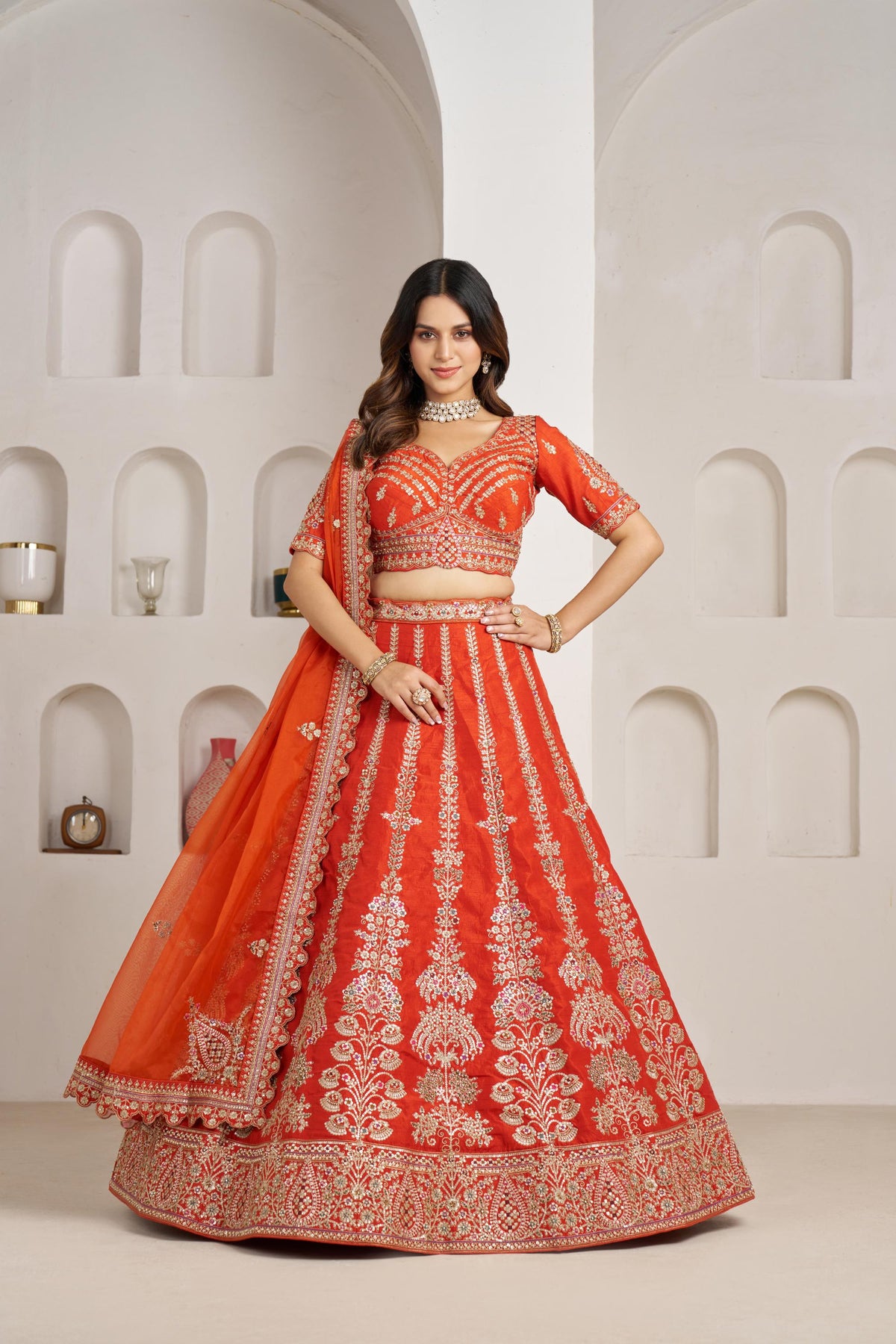 Rust Orange Silk Zari & Sequins Embroidered Bridal Lehenga for Wedding