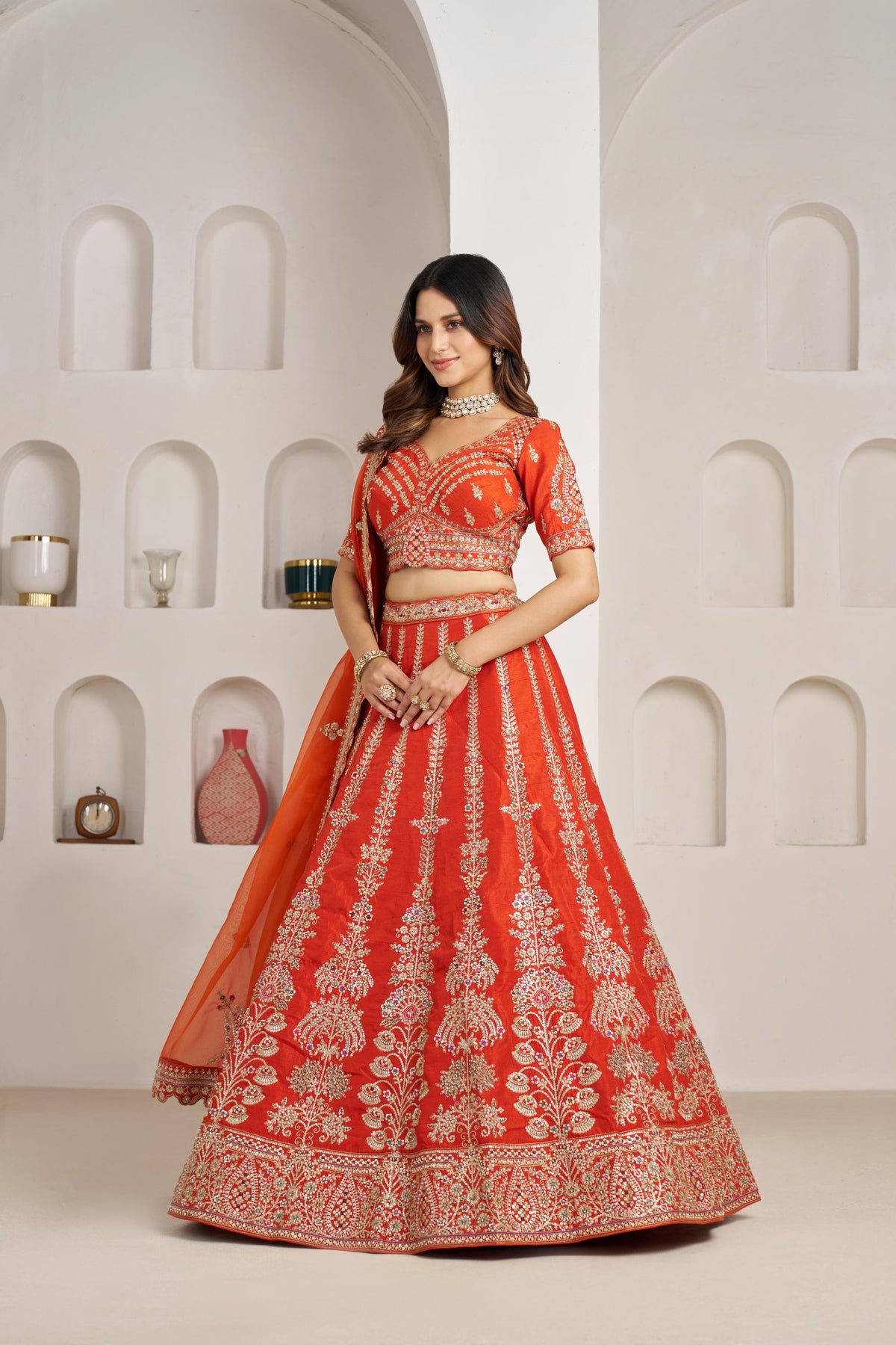 Rust Orange Silk Zari & Sequins Embroidered Bridal Lehenga for Wedding
