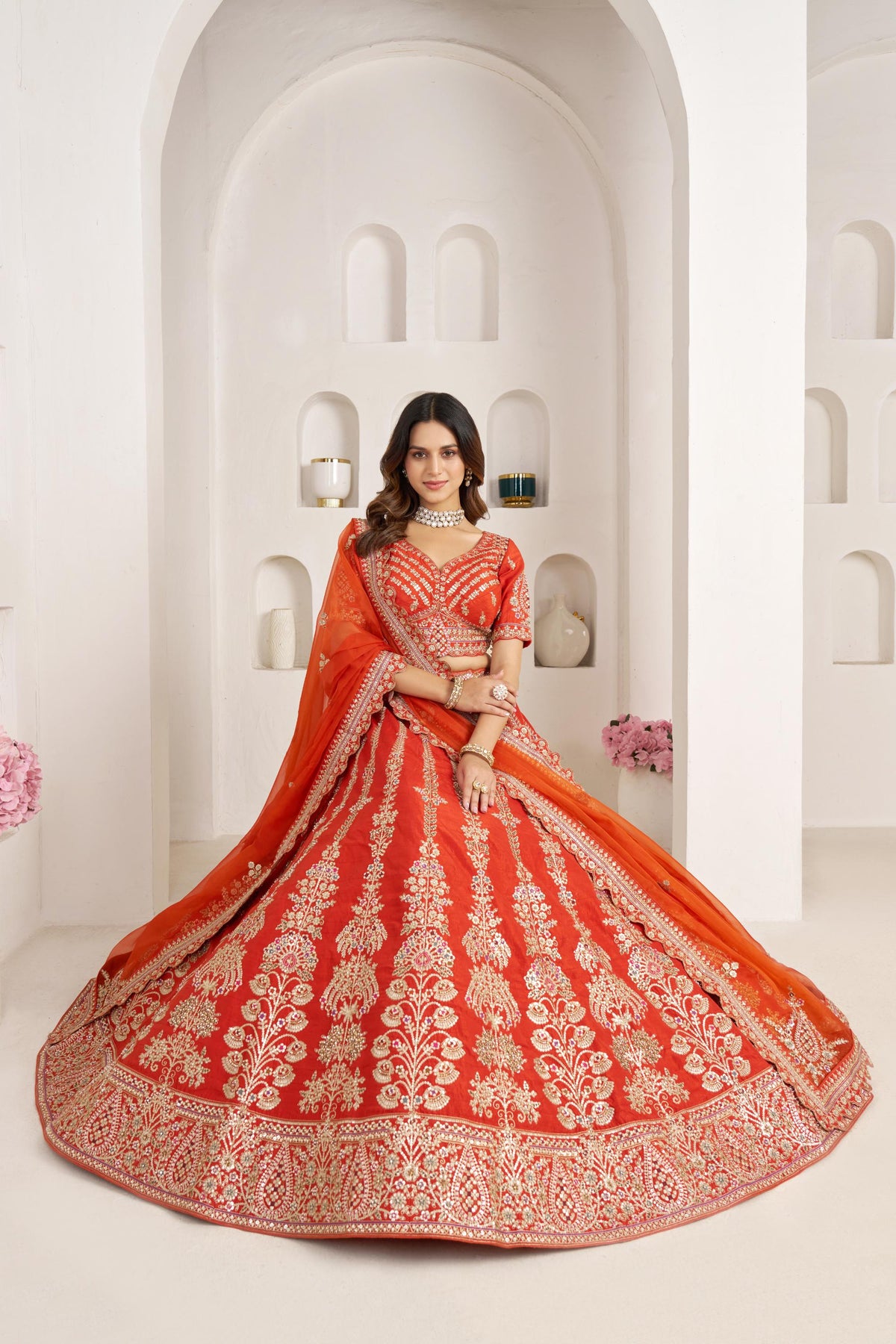 Rust Orange Silk Zari & Sequins Embroidered Bridal Lehenga for Wedding