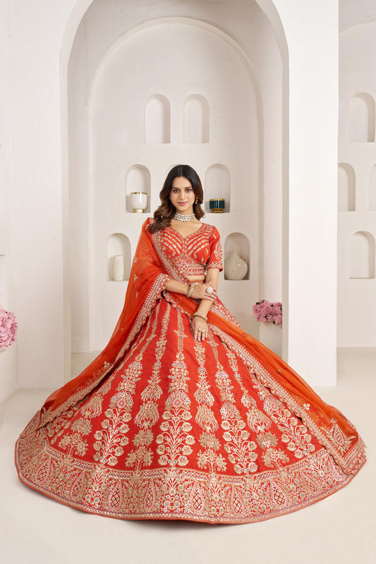 Rust Orange Silk Zari & Sequins Embroidered Bridal Lehenga for Wedding