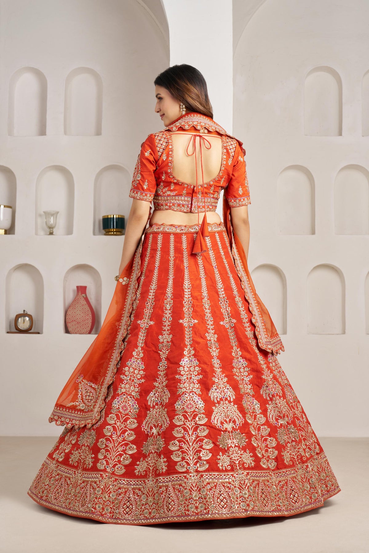 Rust Orange Silk Zari & Sequins Embroidered Bridal Lehenga for Wedding