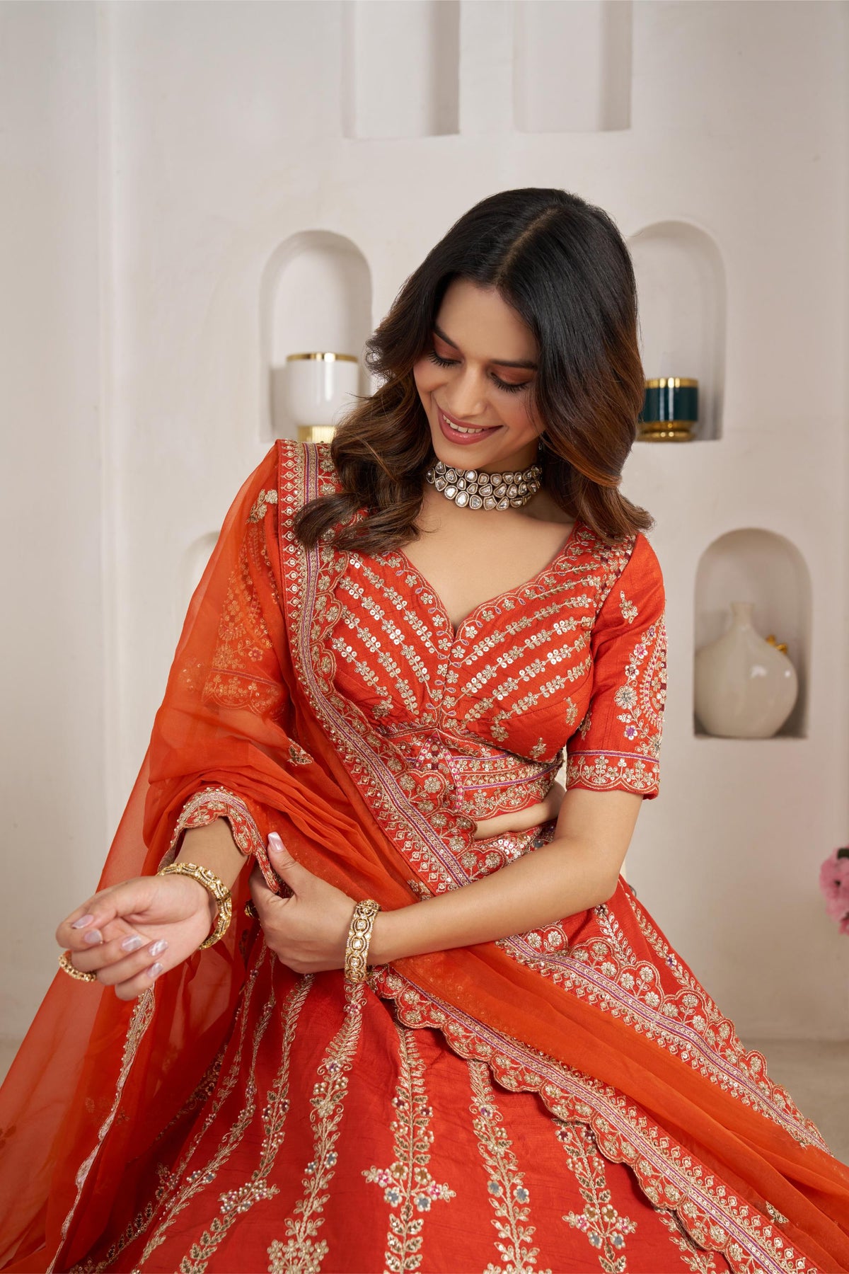 Rust Orange Silk Zari & Sequins Embroidered Bridal Lehenga for Wedding