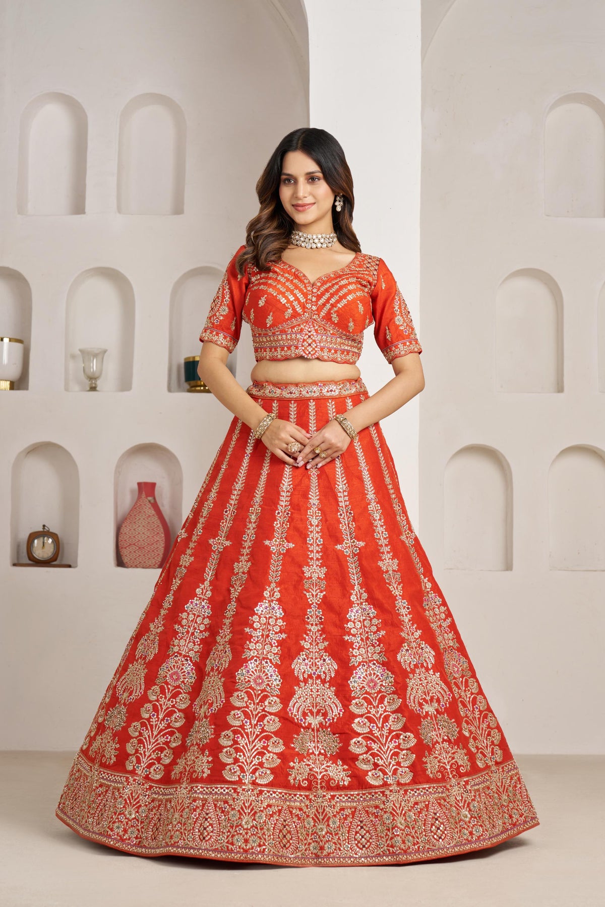 Rust Orange Silk Zari & Sequins Embroidered Bridal Lehenga for Wedding