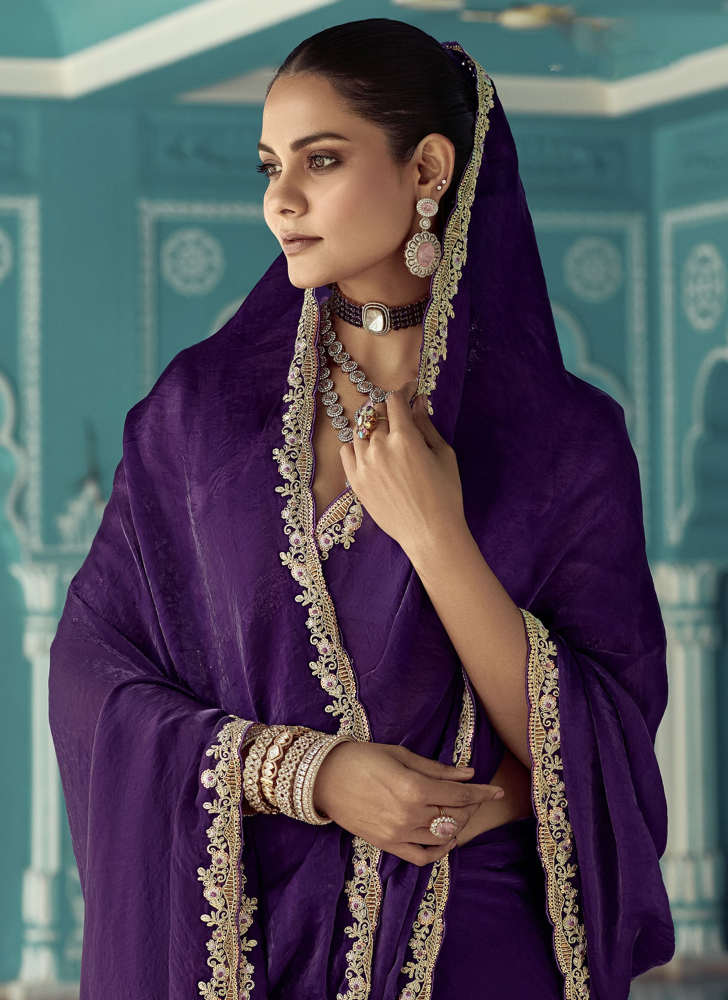 Violet Glass tissue Organza & Crush Moti Embroidered Festive Amber Saree