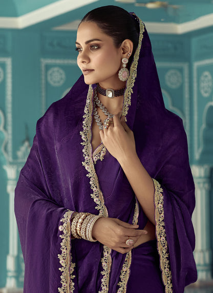 Violet Glass tissue Organza & Crush Moti Embroidered Festive Amber Saree
