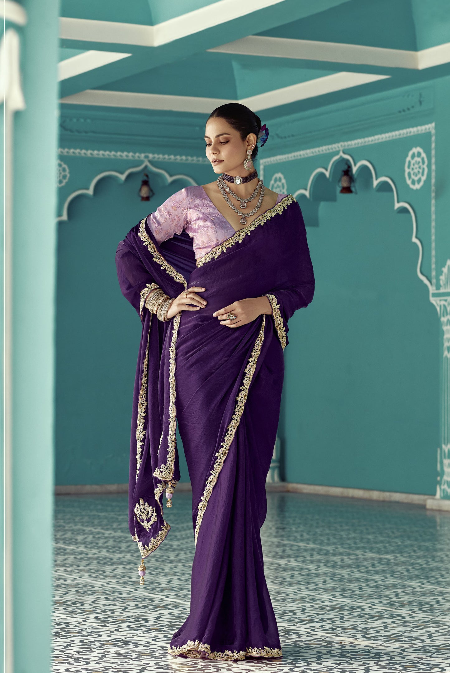 Violet Glass tissue Organza & Crush Moti Embroidered Festive Amber Saree