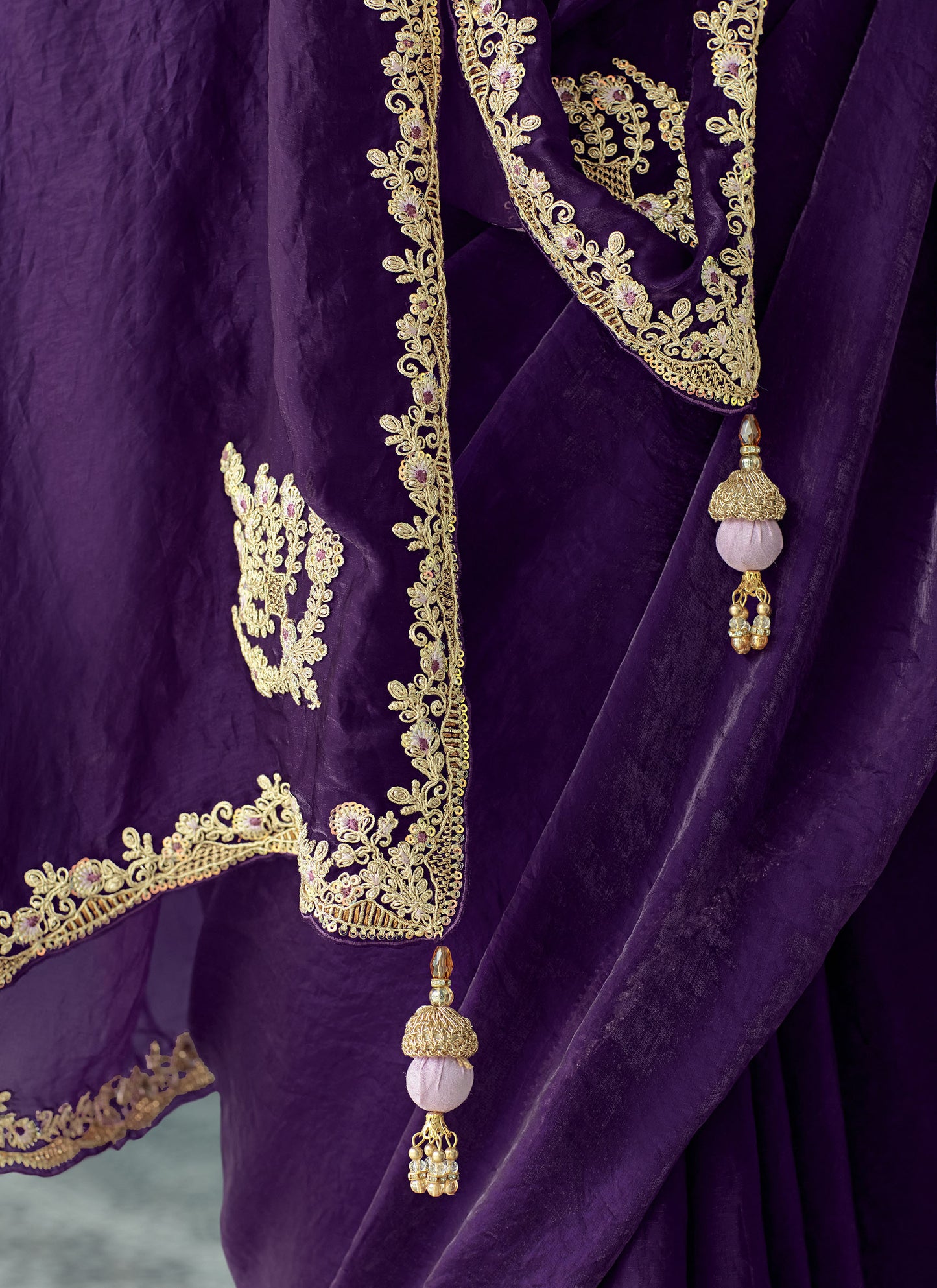 Violet Glass tissue Organza & Crush Moti Embroidered Festive Amber Saree