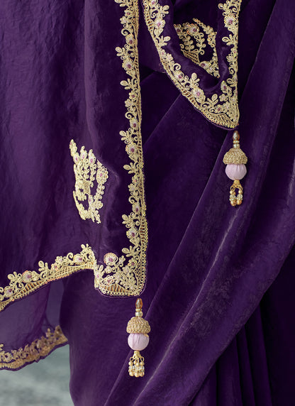 Violet Glass tissue Organza & Crush Moti Embroidered Festive Amber Saree