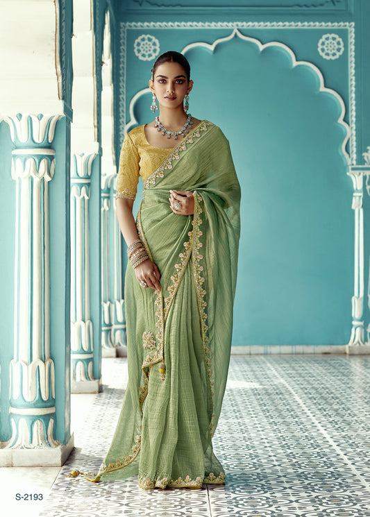 Light Green Glass tissue Organza & Crush Moti Embroidered Festive Amber Saree