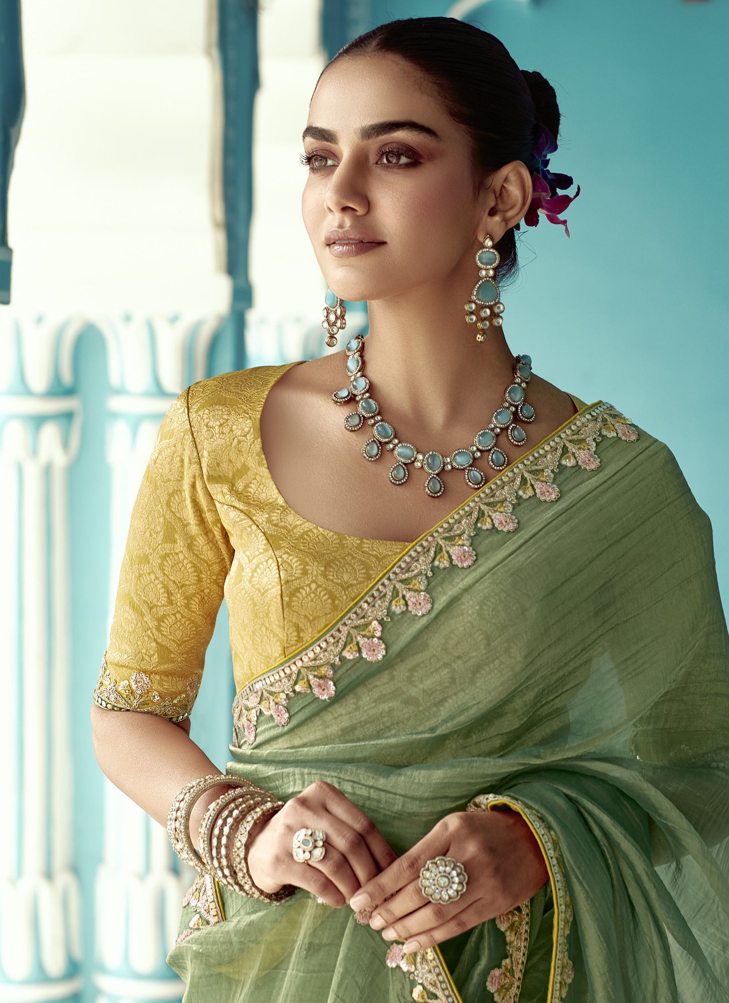 Light Green Glass tissue Organza & Crush Moti Embroidered Festive Amber Saree