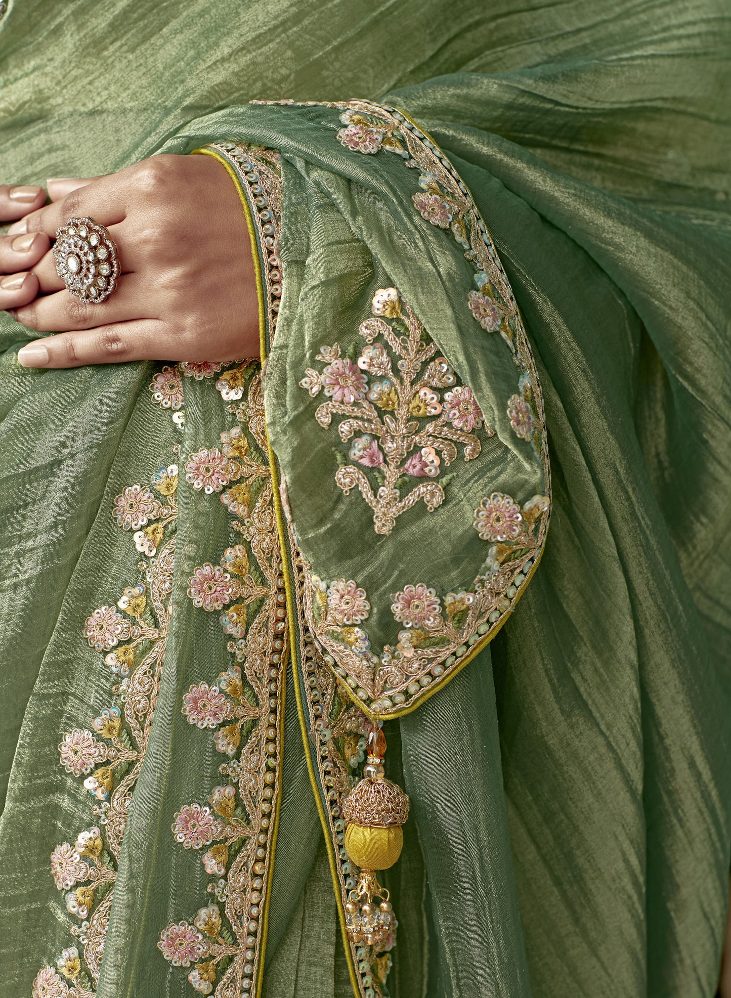 Light Green Glass tissue Organza & Crush Moti Embroidered Festive Amber Saree