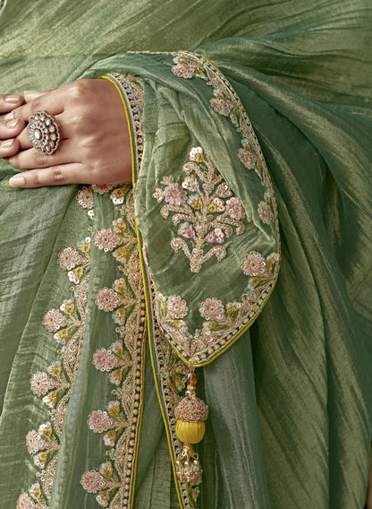 Light Green Glass tissue Organza & Crush Moti Embroidered Festive Amber Saree