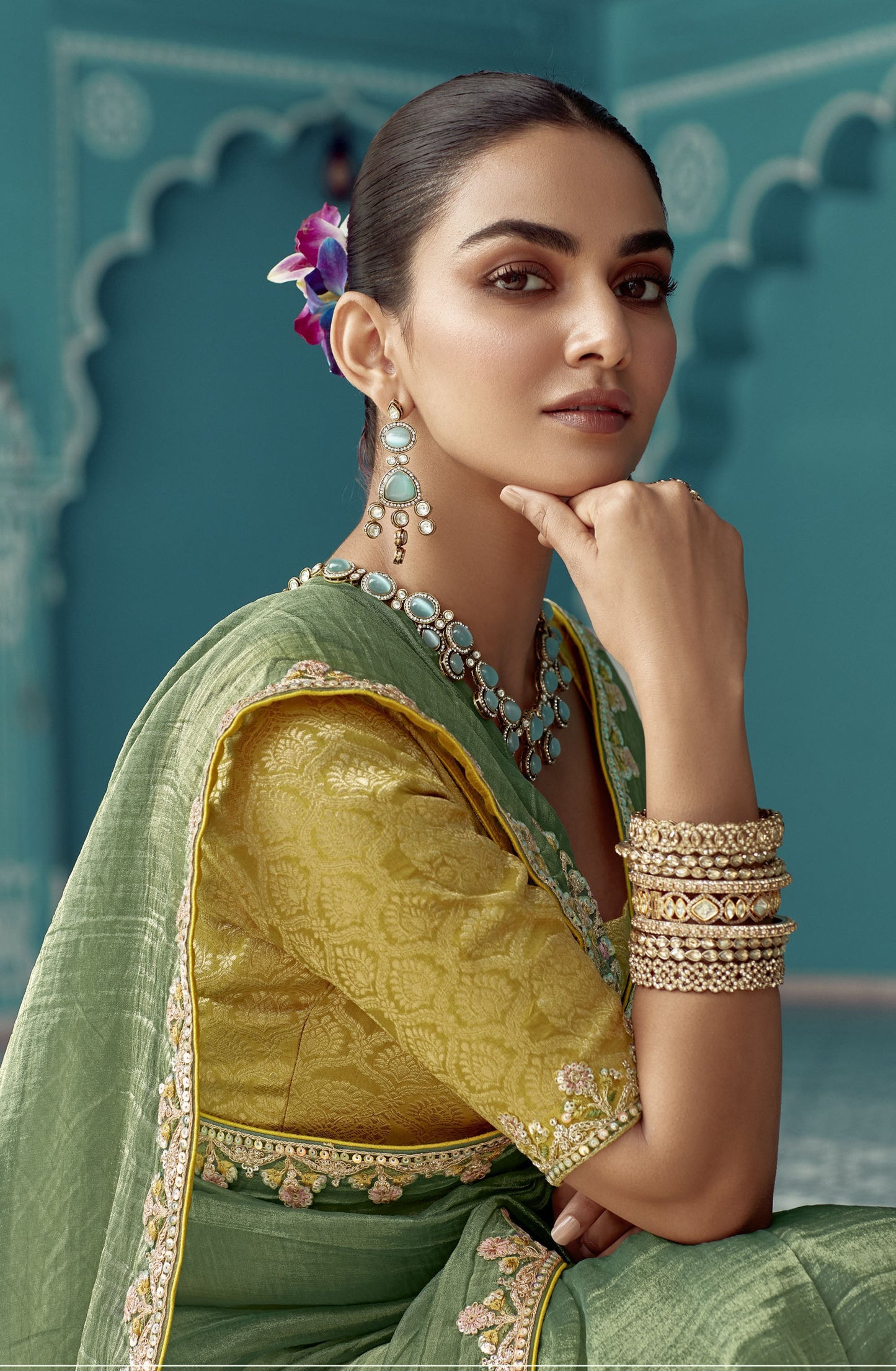 Light Green Glass tissue Organza & Crush Moti Embroidered Festive Amber Saree